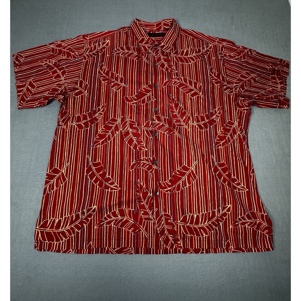 Tori Richard Shirt Mens 2XL Red Excellent Cotton Lawn Tropical Leaf Stripe USA